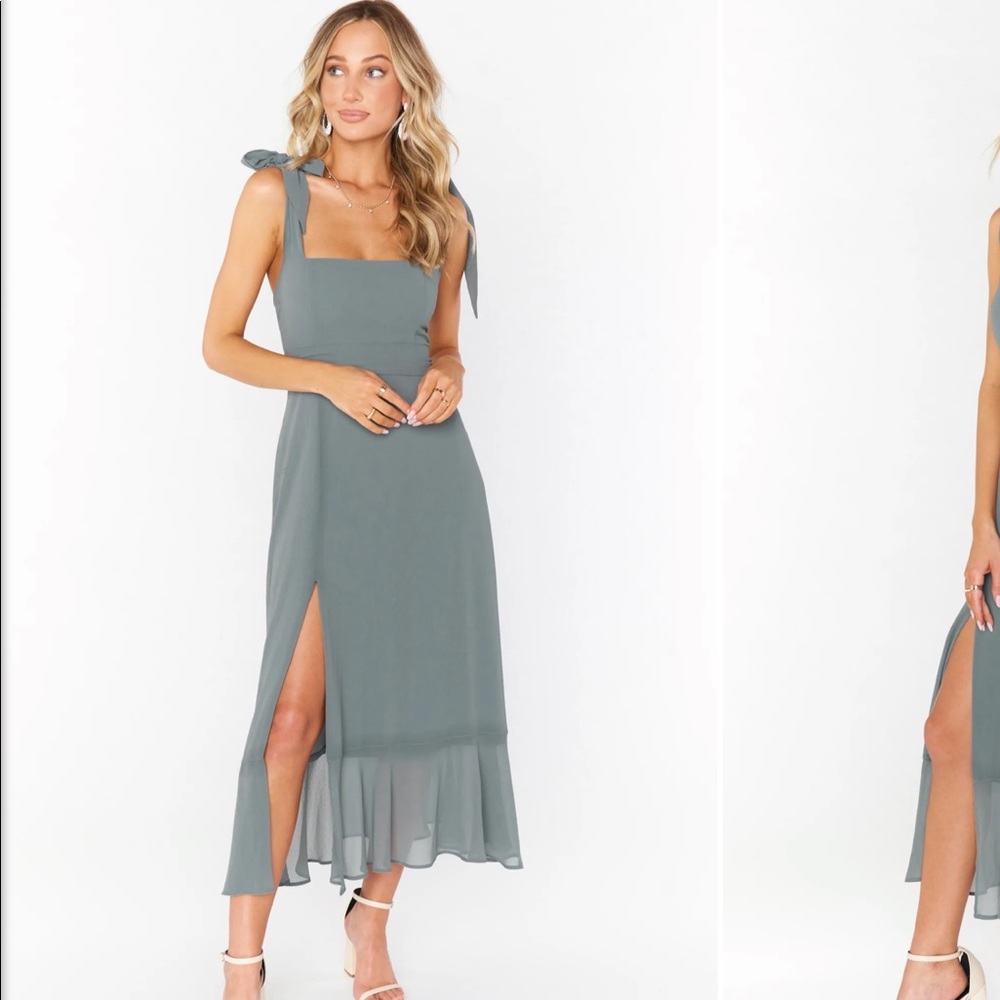 LIKE NEW Show Me Your Mumu Claire Midi Dress in Deep Sage Chiffon